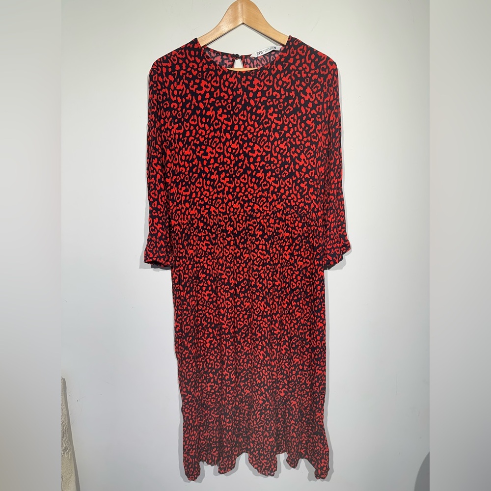 ZARA Red Leopard Printed Midi Tent Dress Women's Size M - Picture 3 of 15
